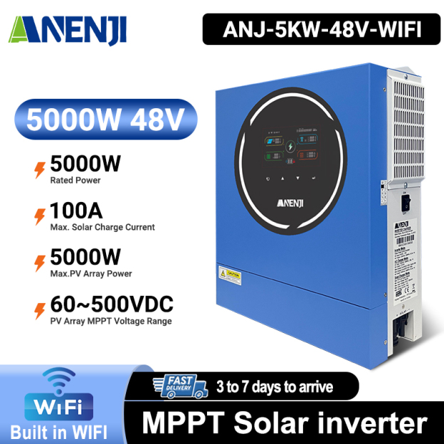 Anenji 5KW 48V Hybrid Solar Inverter On grid Off grid Inverter with WIFI 100A MPPT Dual Outputs