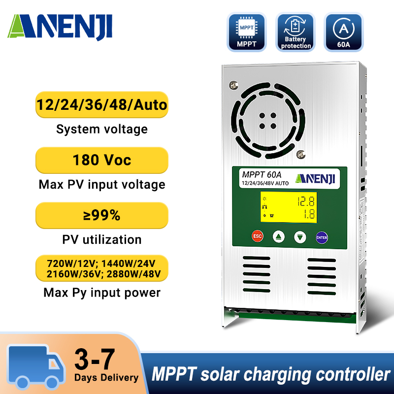 ANENJI, MPPT charge controller 60A, supports 12V 24V 24V 36V 48V, auto voltage detection, battery overcharge protection, plug-in, 180 Voc input, LCD display