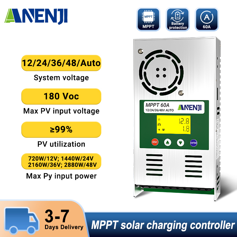 ANENJI, MPPT charge controller 60A, supports 12V 24V 24V 36V 48V, auto voltage detection, battery overcharge protection, plug-in, 180 Voc input, LCD display