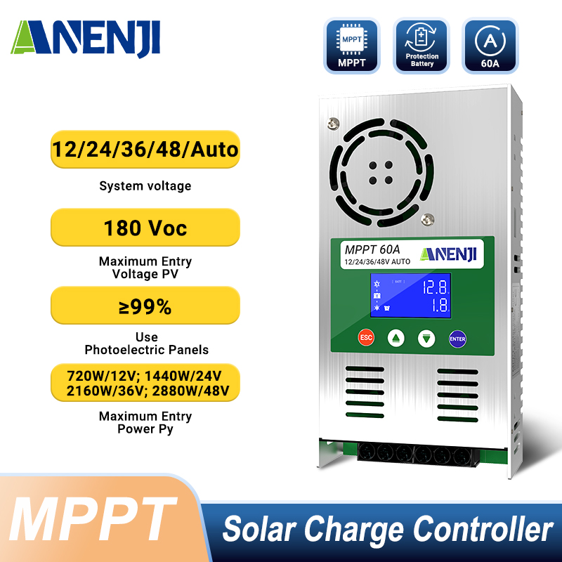 ANENJI, MPPT charge controller 60A, supports 12V 24V 24V 36V 48V, auto voltage detection, battery overcharge protection, plug-in, 180 Voc input, LCD display