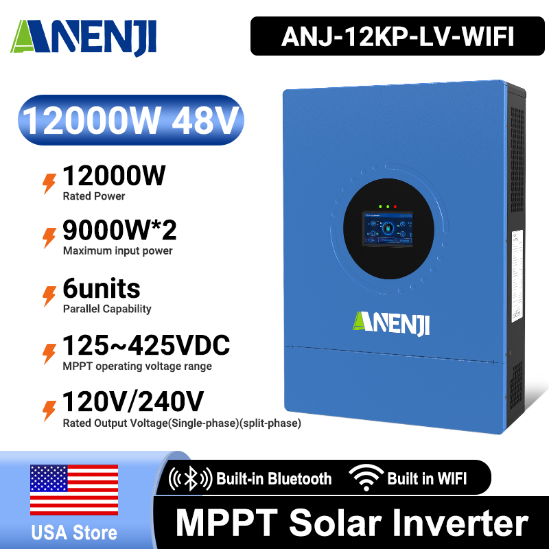 Anenji 12KW 48V Hybrid Solar Inverter Split Phase 120V/240V Dual MPPT Charger Parallel-ANENJI