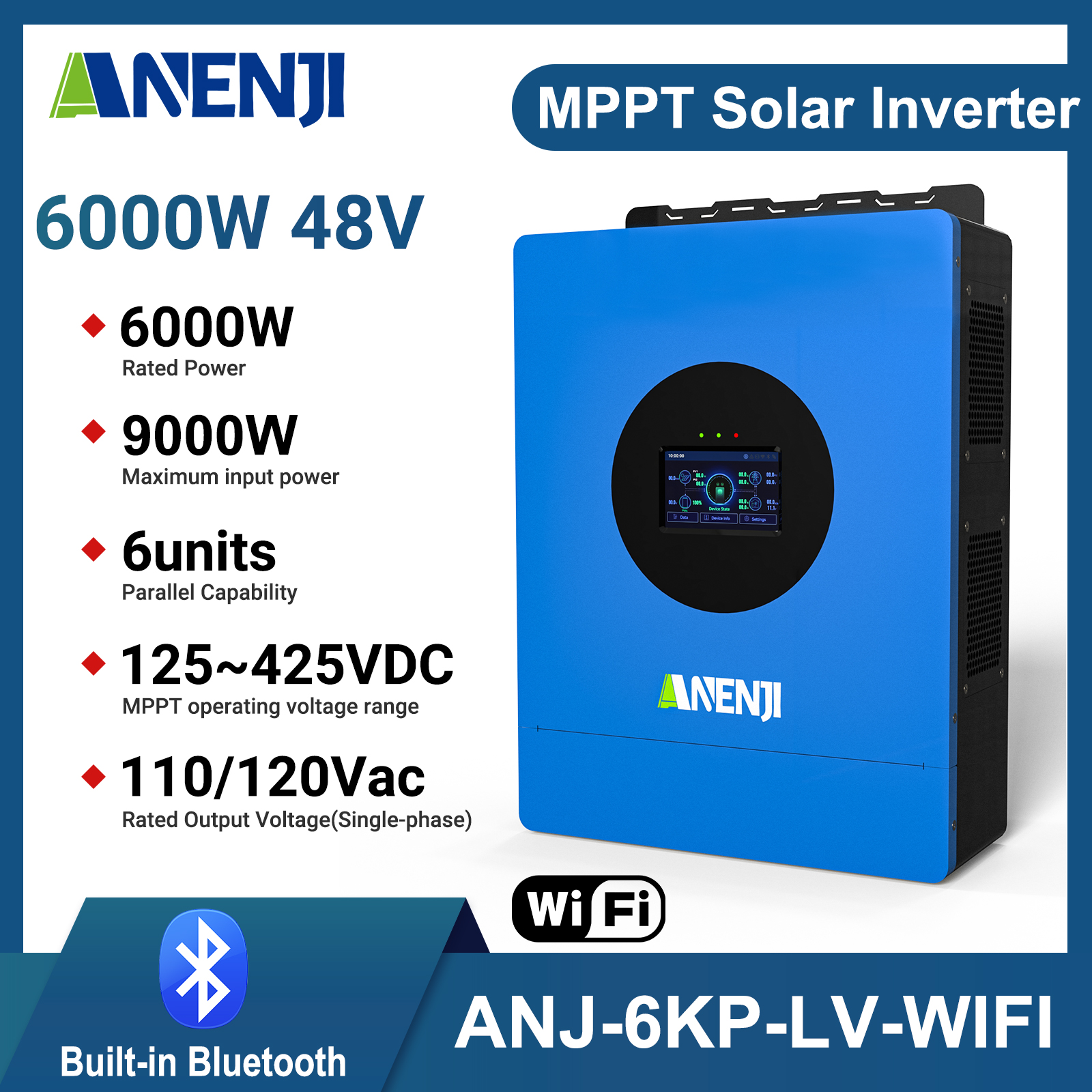 Anenji 6KW 48V Hybrid Solar Inverter Split Phase 120V/240V Dual MPPT Charger Parallel