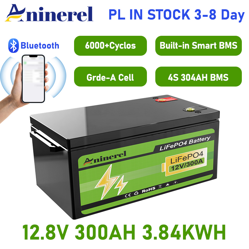 Aninerel LiFePO4 Battery 12.8V 304Ah 3.84Kwh 6000+ Cycles Bluetooth 12V 300Ah Home Solar RV Golf Cart Lithium Battery