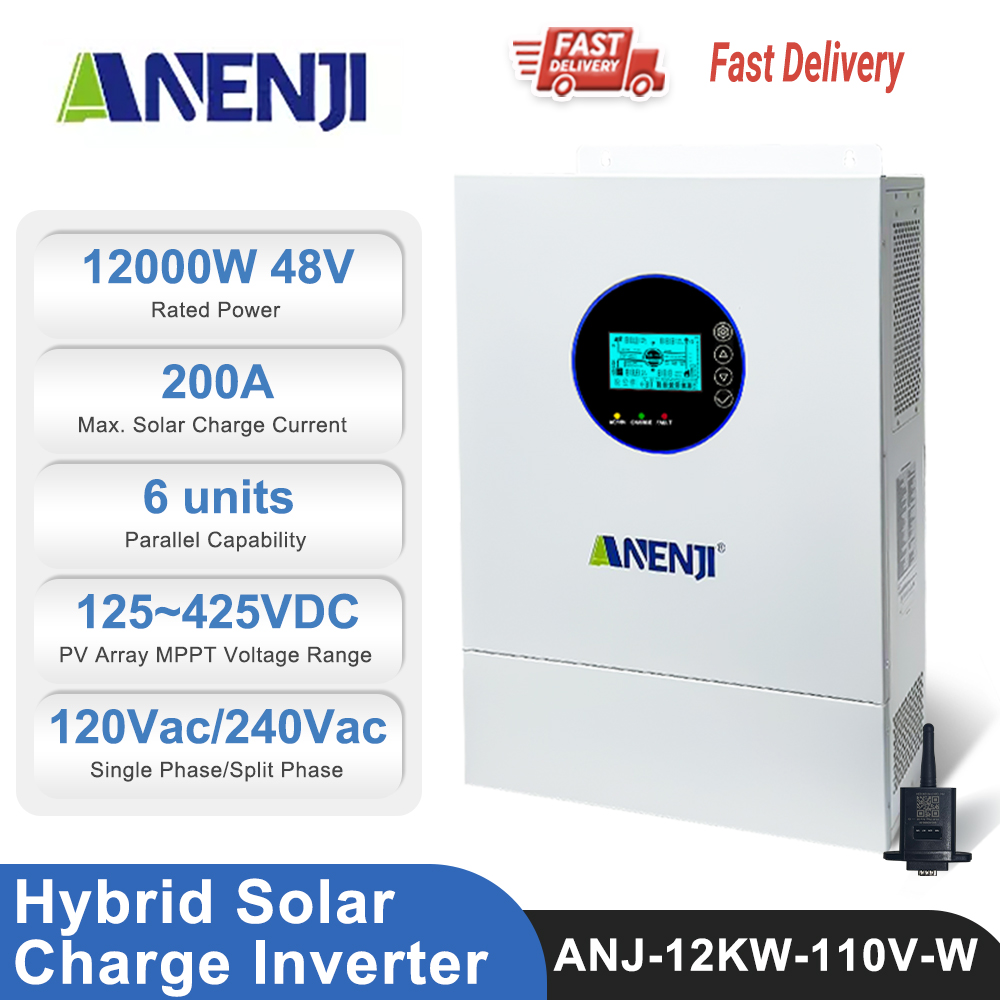 Anenji 12KW 48V Hybrid Solar Inverter Split Phase 120V/240V Dual MPPT Charger Parallel 6 units