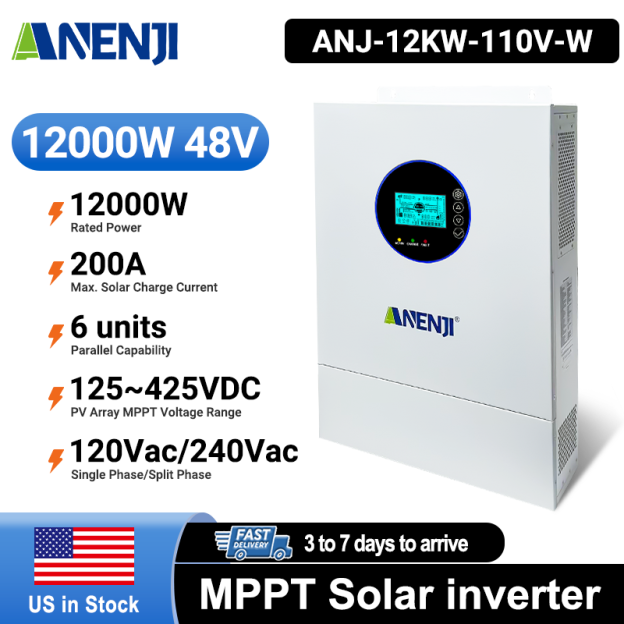 Anenji 12KW 48V Hybrid Solar Inverter Split Phase 120V/240V Dual MPPT Charger Parallel 6 units
