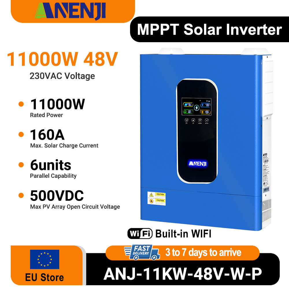 Anenji 11KW 48V Hybrid Solar Inverter Pure Sine Wave Off-Grid+On-Grid 2*MPPT with WIFI Parallel Function for 6 unit Max