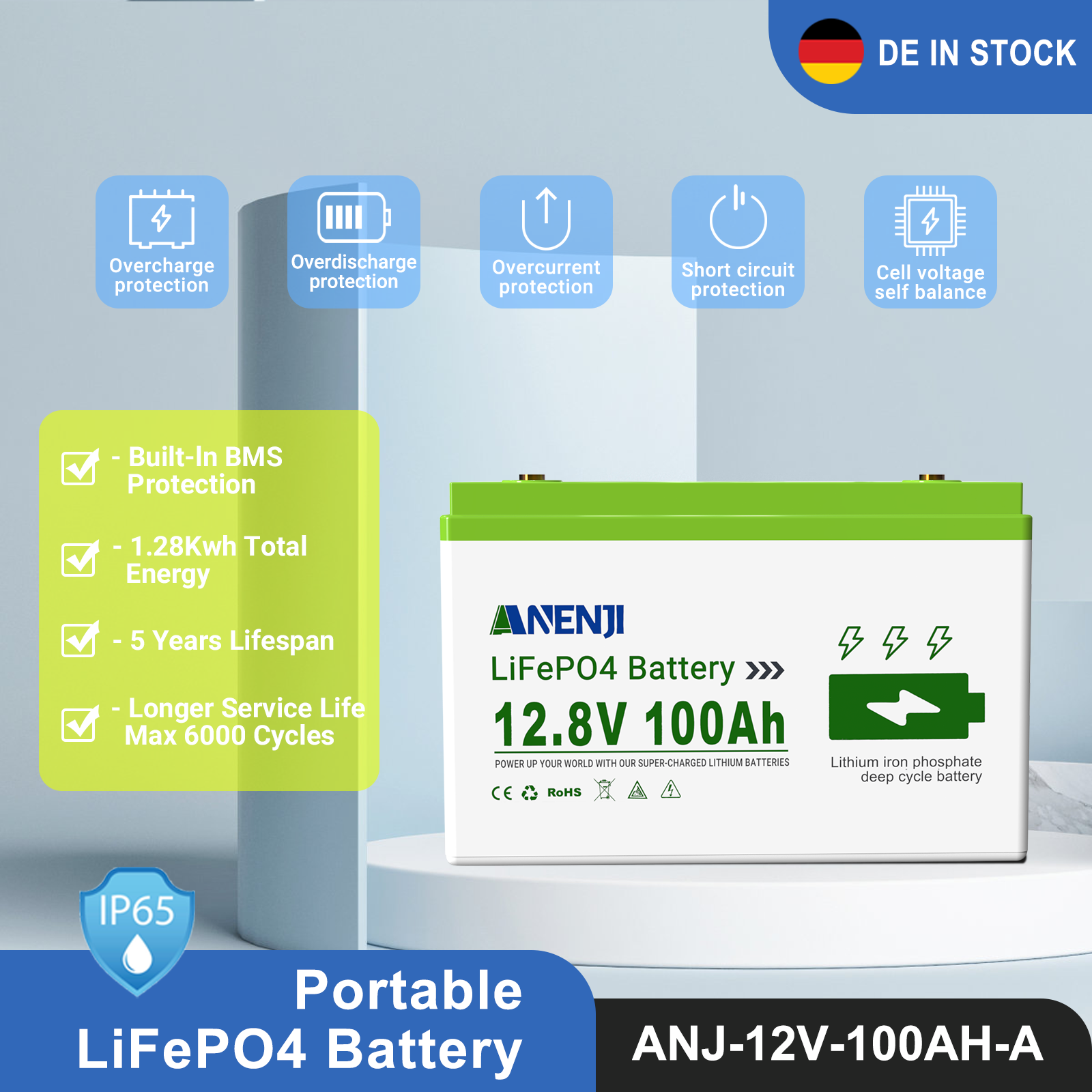 Anenji 12.8V 100AH LiFePO4 Battery 1.28Kwh 6000+ deep cycles Built-in BMS