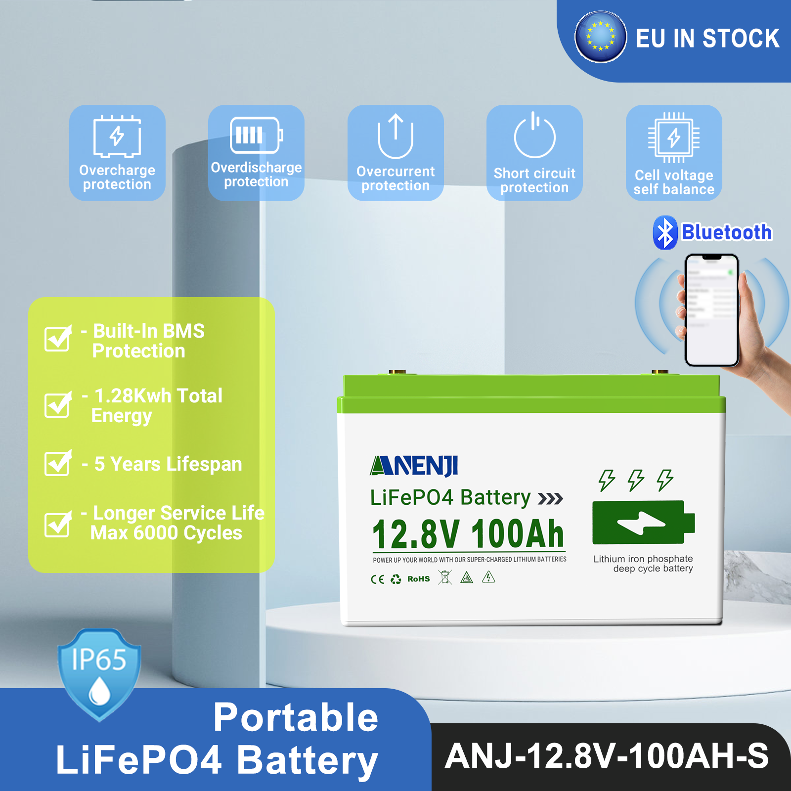 Anenji 12.8V 100AH LiFePO4 Battery 1.28Kwh 6000+ deep cycles Built-in BMS