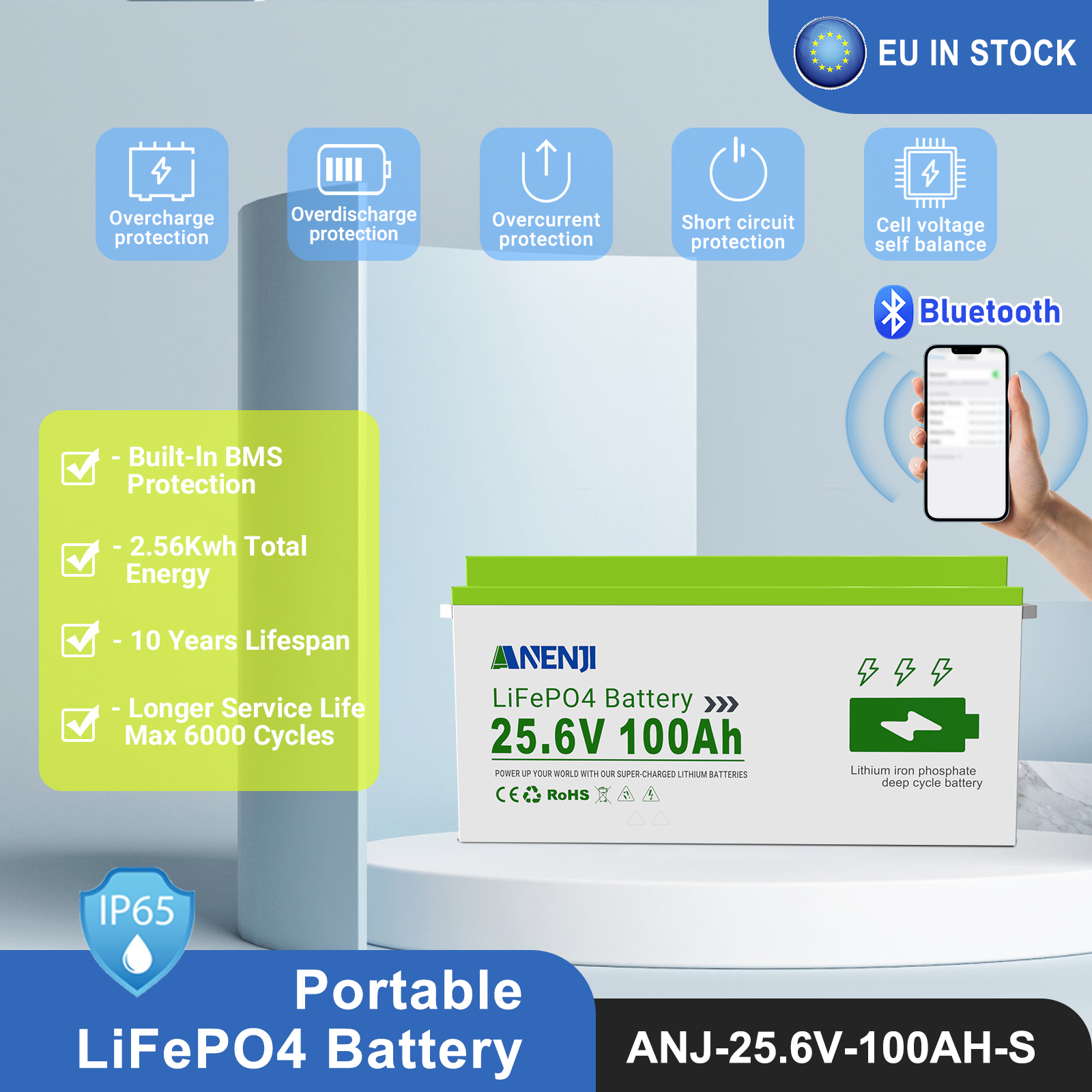 Anenji 25.6V 100AH LiFePO4 Battery Deep Cycles Lithium Iron Phosphate Battery