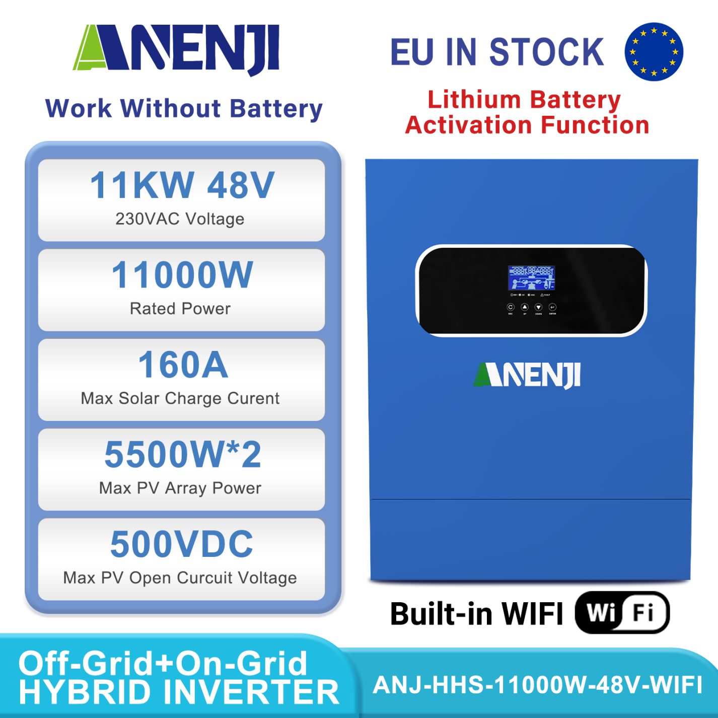 ANENJI 11KW 48V Hybrid Solar Inverter Pure Sine Wave Off-Grid+On-Grid