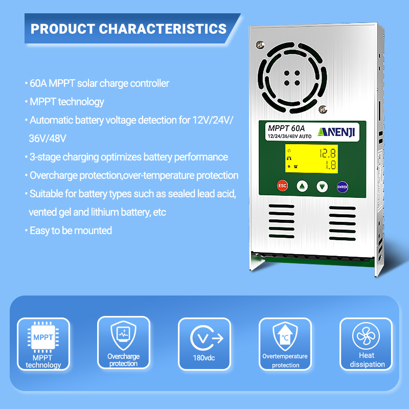 ANENJI, MPPT charge controller 60A, supports 12V 24V 24V 36V 48V, auto voltage detection, battery overcharge protection, plug-in, 180 Voc input, LCD display