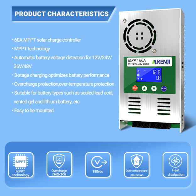 ANENJI, MPPT charge controller 60A, supports 12V 24V 24V 36V 48V, auto voltage detection, battery overcharge protection, plug-in, 180 Voc input, LCD display-ANENJI
