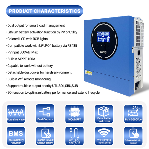 4.2KW 24V Hybrid Solar Inverter On grid Off grid Inverter with WIFI 100A MPPT Dual Outputs