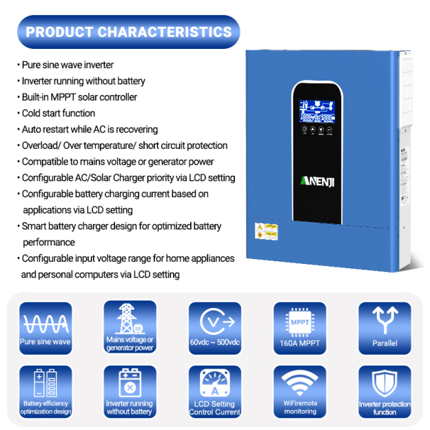 Anenji 11KW 48V Hybrid Solar Inverter Pure Sine Wave Off-Grid+On-Grid 2*MPPT with WIFI Parallel Function for 6 unit Max-ANENJI