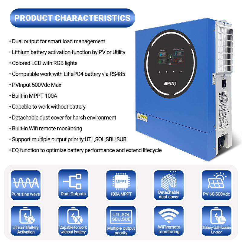 Anenji 5KW 48V Hybrid Solar Inverter On grid Off grid Inverter with WIFI 100A MPPT Dual Outputs