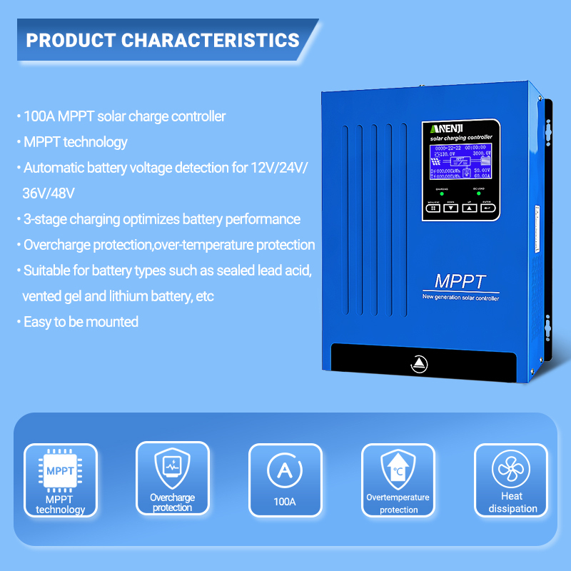 Anenji 100A MPPT Solar Charge Controlller 12V 24V 48V Auto Battery-ANENJI