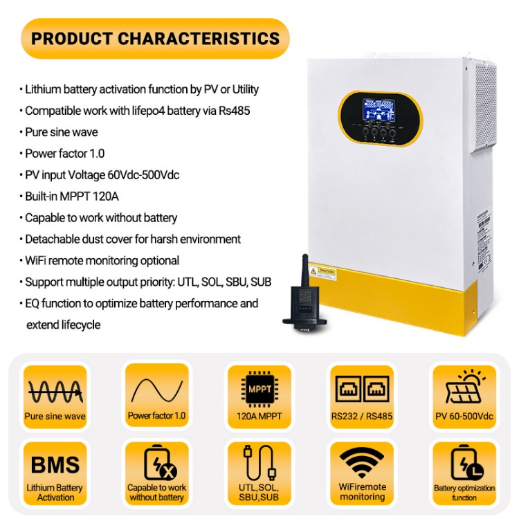Anenji 6.2KW 48V Hybrid Solar Inverter On grid Off grid Inverter with External WiFi-ANENJI