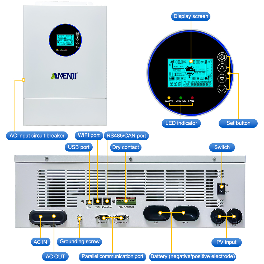 Anenji 12KW 48V Hybrid Solar Inverter Split Phase 120V/240V Dual MPPT Charger Parallel 6 units