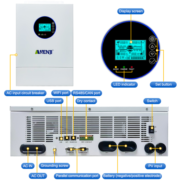 Anenji 12KW 48V Hybrid Solar Inverter Split Phase 120V/240V Dual MPPT Charger Parallel 6 units