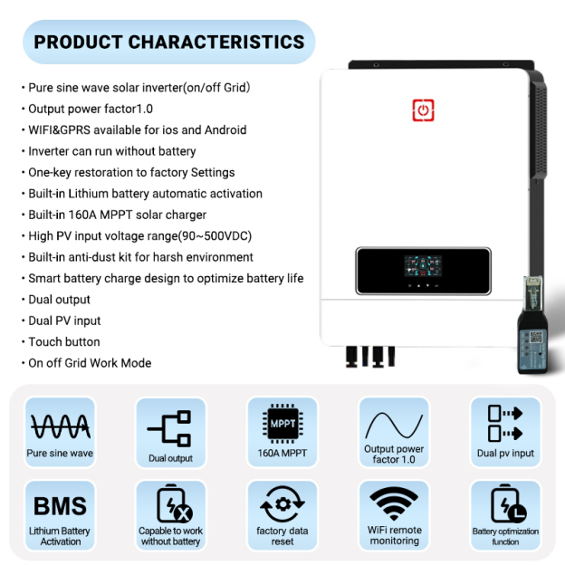Anenji 10.2KW 48V Hybrid Solar Inverter Pure Sine Wave Off-Grid+On-Grid 2*MPPT with WIFI