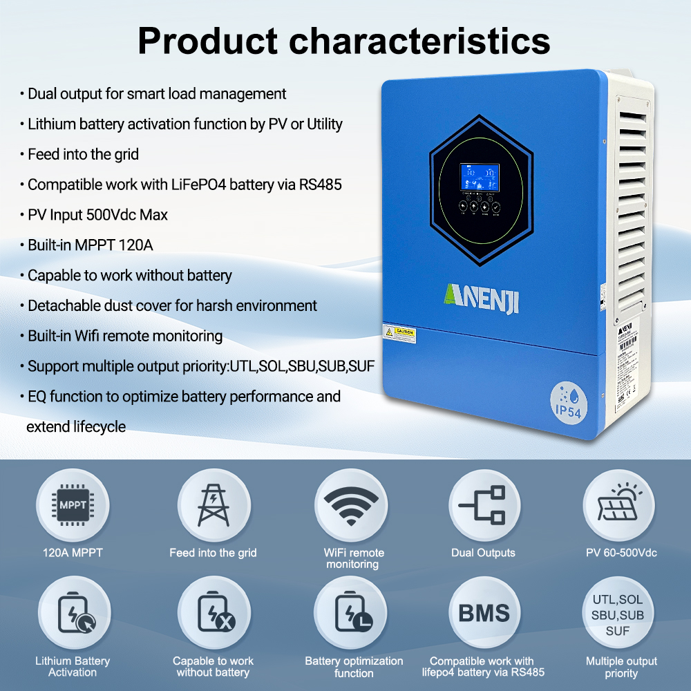 Anenji 6.2kW 24V Hybrid Solar Inverter Dual output With WiFi IP54