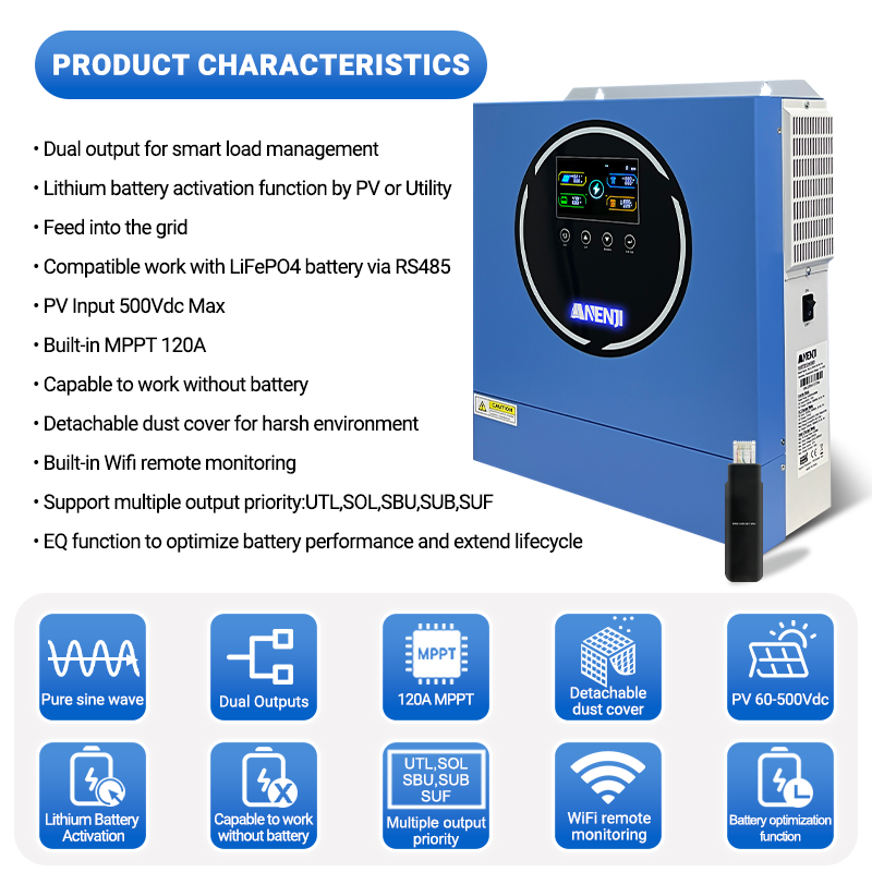 Anenji 4.2KW 24V Hybrid Solar Inverter On grid Off grid Inverter with WIFI 100A MPPT Dual Outputs