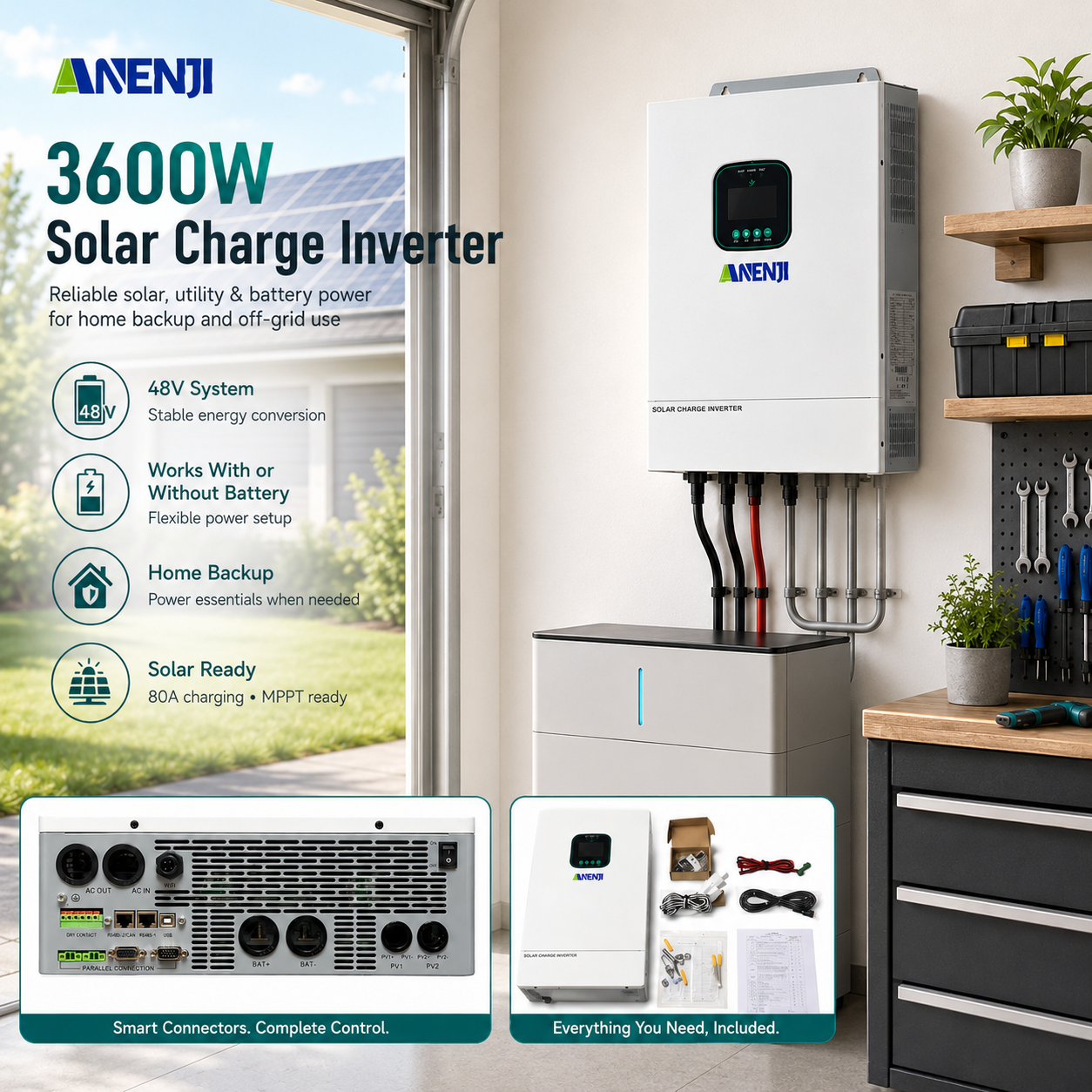 Anenji 3.6KW 48V 120V All in One Solar Charge Inverter with WiFi CT Optional Parallel Function