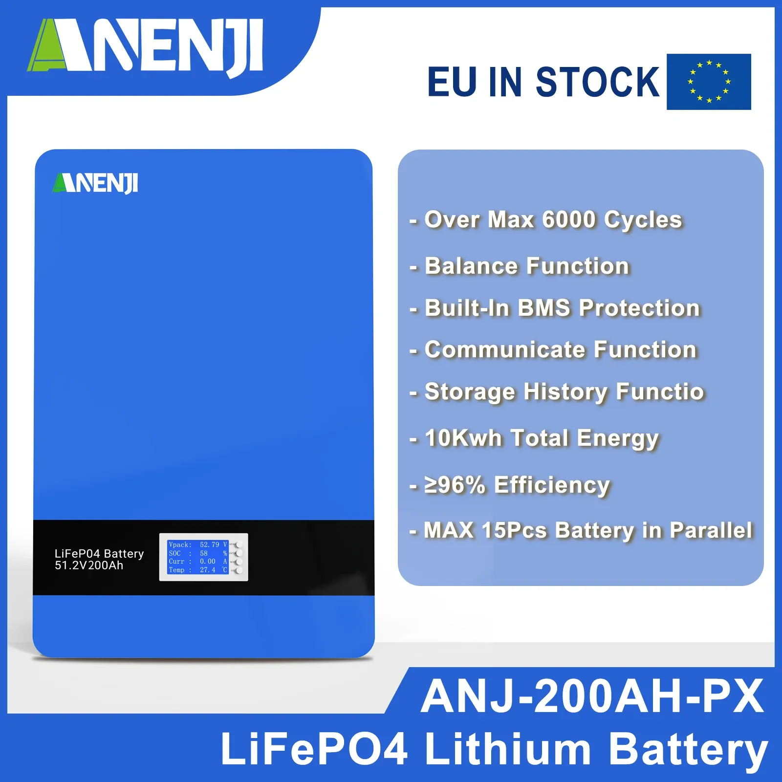 ANENJI 51.2V 200Ah Powerwall LiFePO4 Wall-Mounted Battery Pack 48V 10Kwh for Solar Off/On Grid Built-in BMS 6000+ Cycles -ANENJI