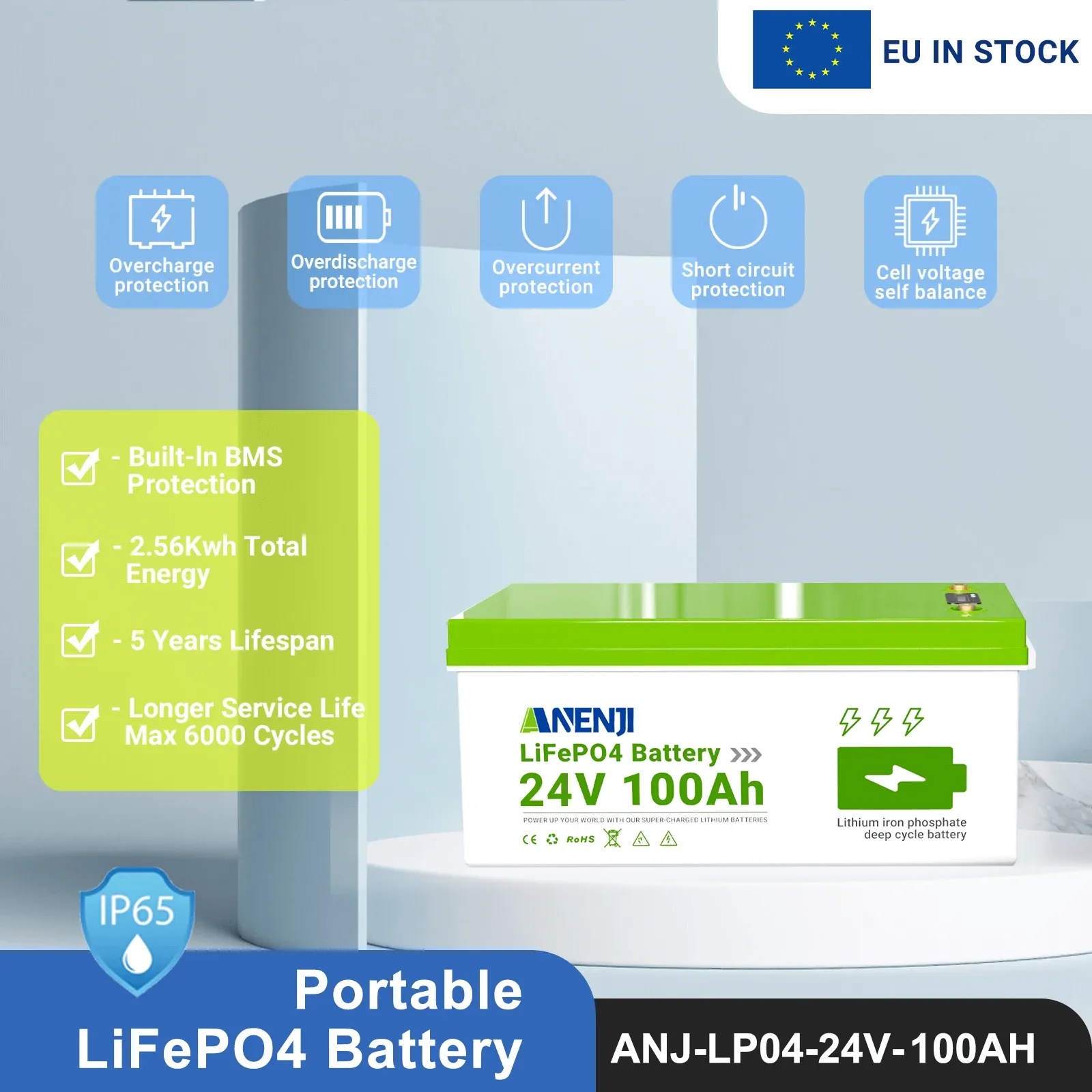 ANENJI 24V 100AH LiFePO4 Battery Deep Cycles Lithium Iron Phosphate Battery