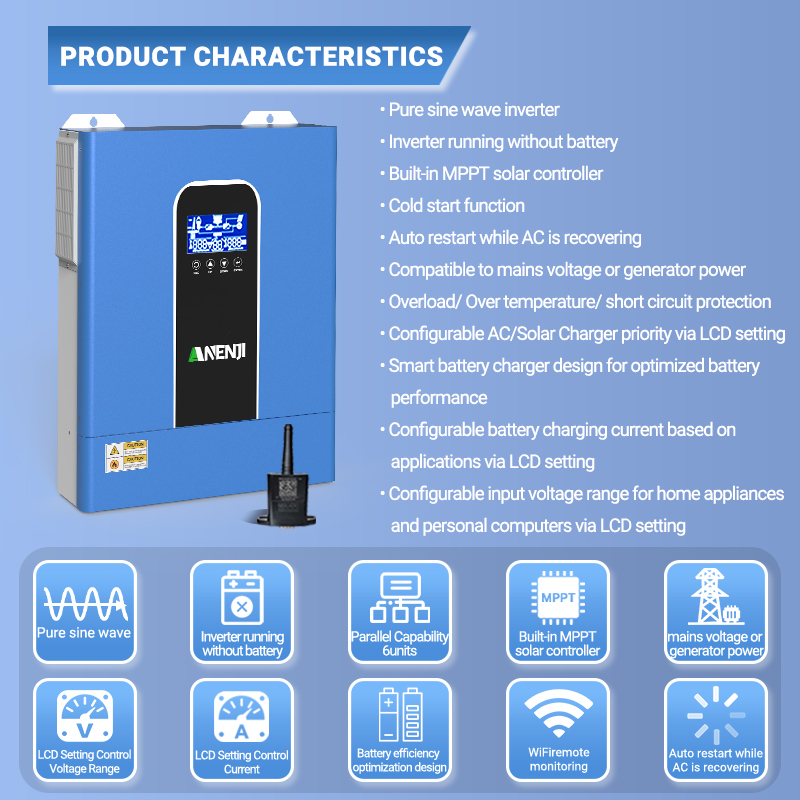 11KW 48V Hybrid Solar Inverter Pure Sine Wave Off-Grid+On-Grid 2*MPPT with WIFI Parallel Function for 6 unit Max