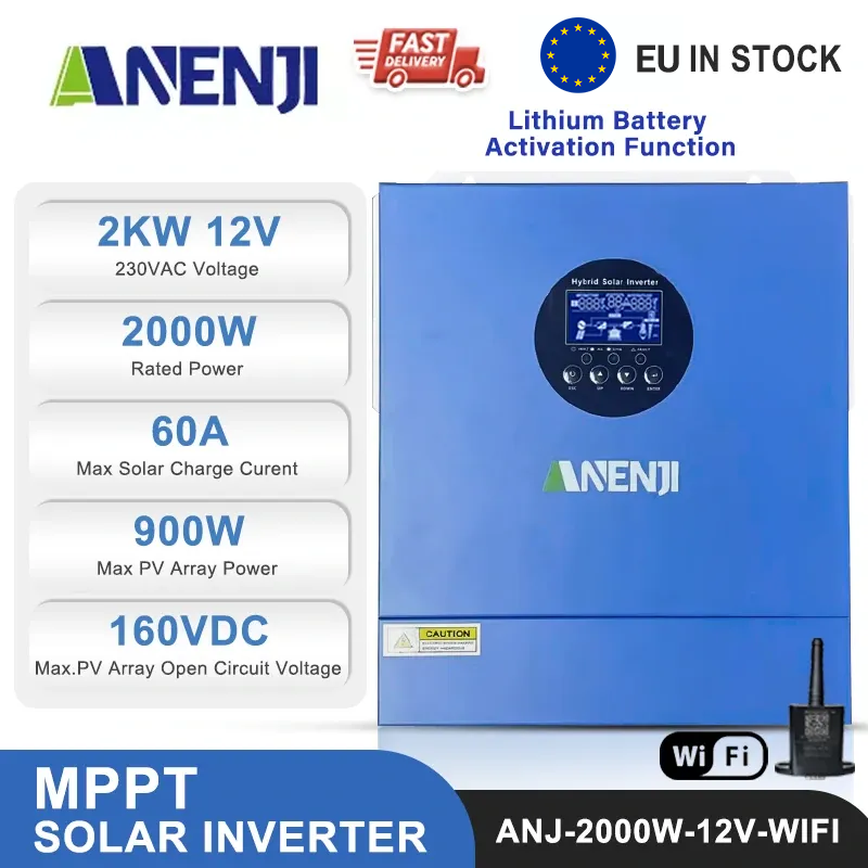 2KW 12V hybrid Solar Inverter MPPT Pure sine wave Off grid inverter with WIFI-ANENJI