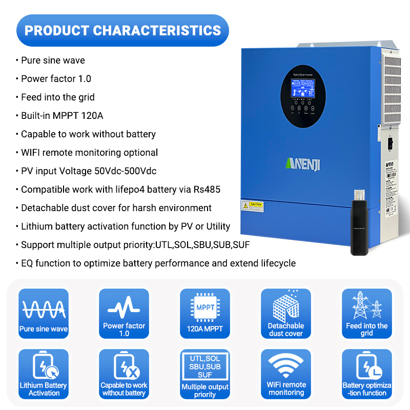 Anenji 2KW 12V hybrid Solar Inverter MPPT Pure sine wave Off grid inverter with WIFI