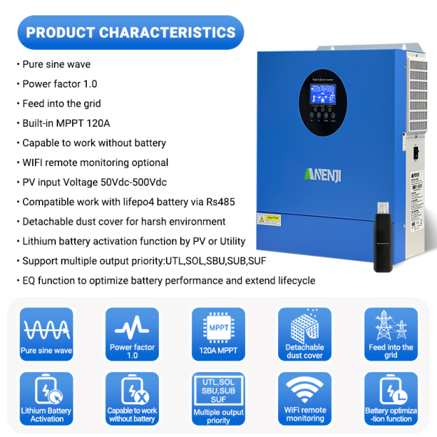 Anenji 2KW 12V hybrid Solar Inverter MPPT Pure sine wave Off grid inverter with WIFI