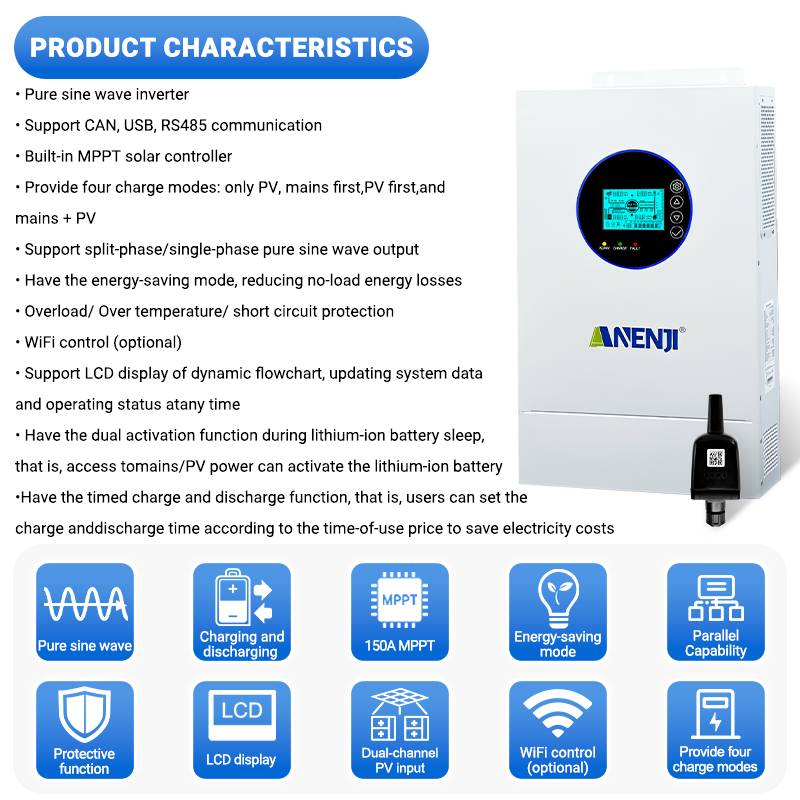 Anenji 7.2KW 48V Hybrid Solar Inverter Split Phase 120V/240V Dual MPPT Charger Parallel 6 units