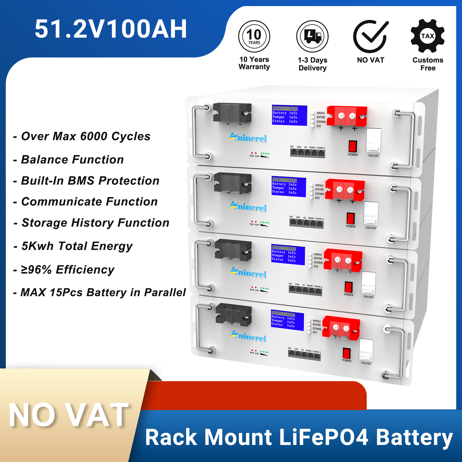 Aninerel 51.2V 100Ah Rack-mounted LiFePO4 Battery 6000+ Cycles Built in BMS 5KWH Support Parallel for Solar System-Anenji Official Store