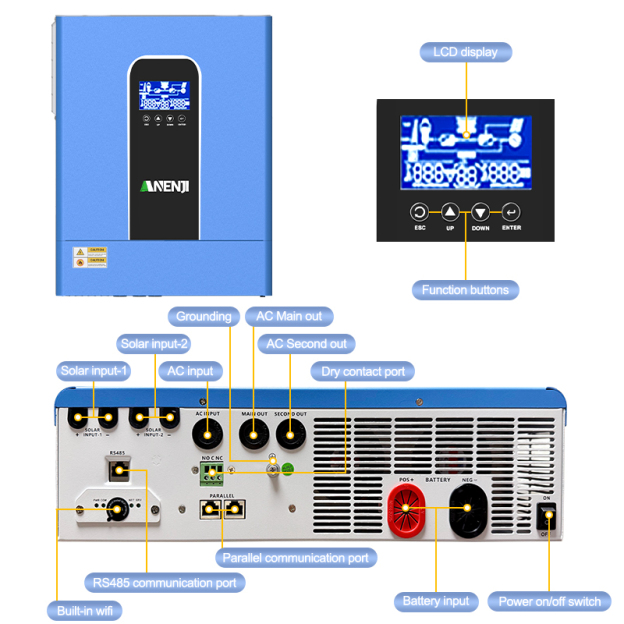 Anenji 11KW 48V Hybrid Solar Inverter Pure Sine Wave Off-Grid+On-Grid 2*MPPT with WIFI Parallel Function for 6 unit Max-ANENJI