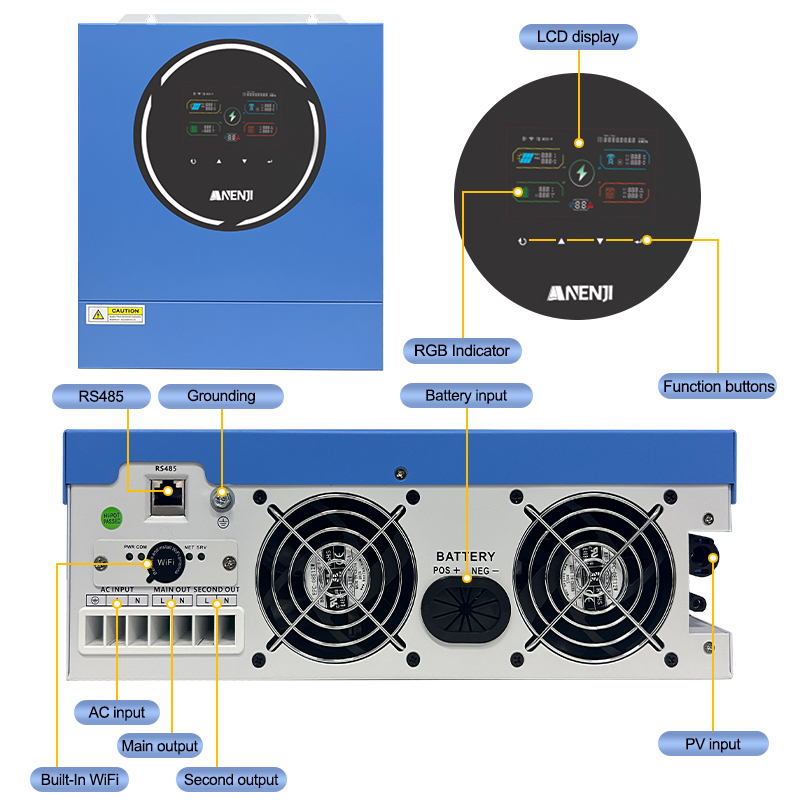 Anenji 5KW 48V Hybrid Solar Inverter On grid Off grid Inverter with WIFI 100A MPPT Dual Outputs