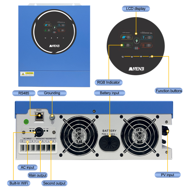 Anenji 5KW 48V Hybrid Solar Inverter On grid Off grid Inverter with WIFI 100A MPPT Dual Outputs