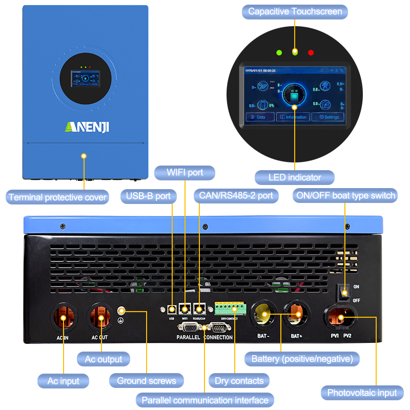 Anenji 12KW 48V Hybrid Solar Inverter Split Phase 120V/240V Dual MPPT Charger Parallel-ANENJI