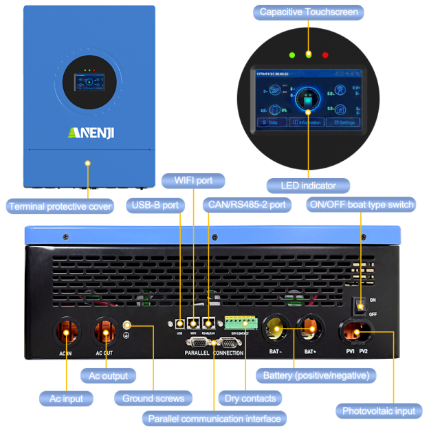 Anenji 12KW 48V Hybrid Solar Inverter Split Phase 120V/240V Dual MPPT Charger Parallel-ANENJI