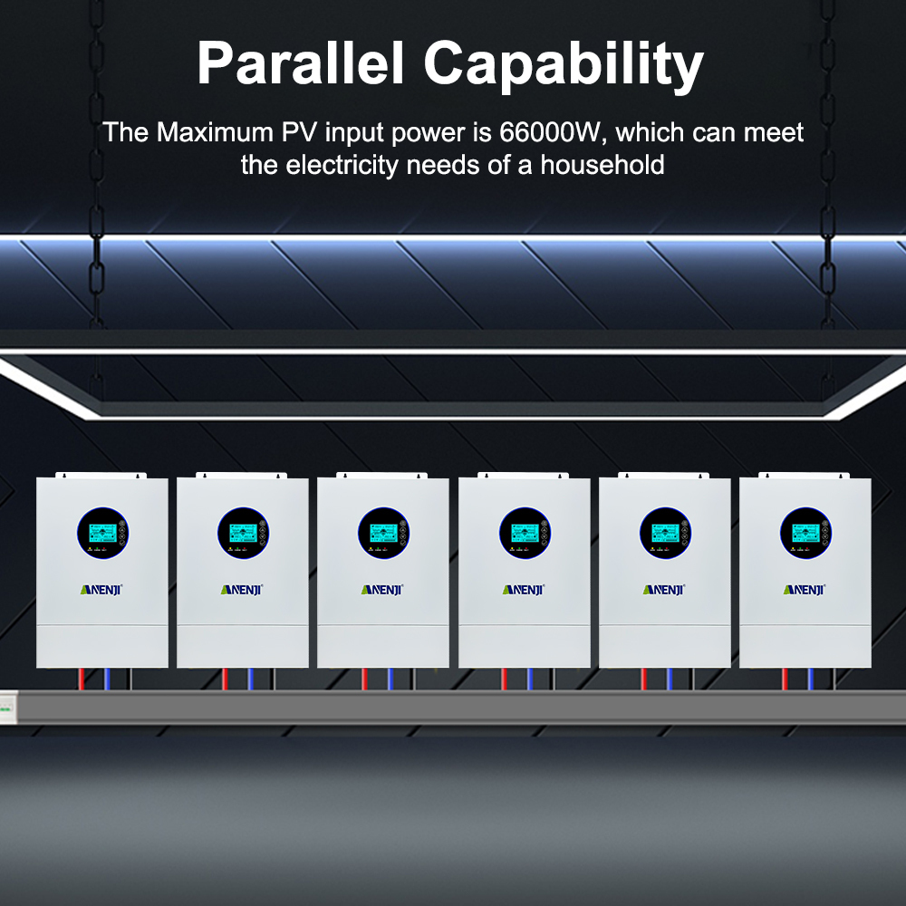 Anenji 12KW 48V Hybrid Solar Inverter Split Phase 120V/240V Dual MPPT Charger Parallel 6 units
