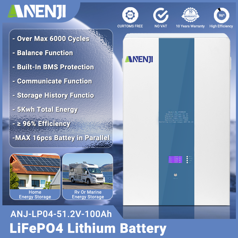 ANENJI 51.2V Powerwall 100Ah LiFePO4 Battery 5KWH 6000+ Cycle with RS485/CAN Built in BMS 5KWH Support Parallel for Solar System