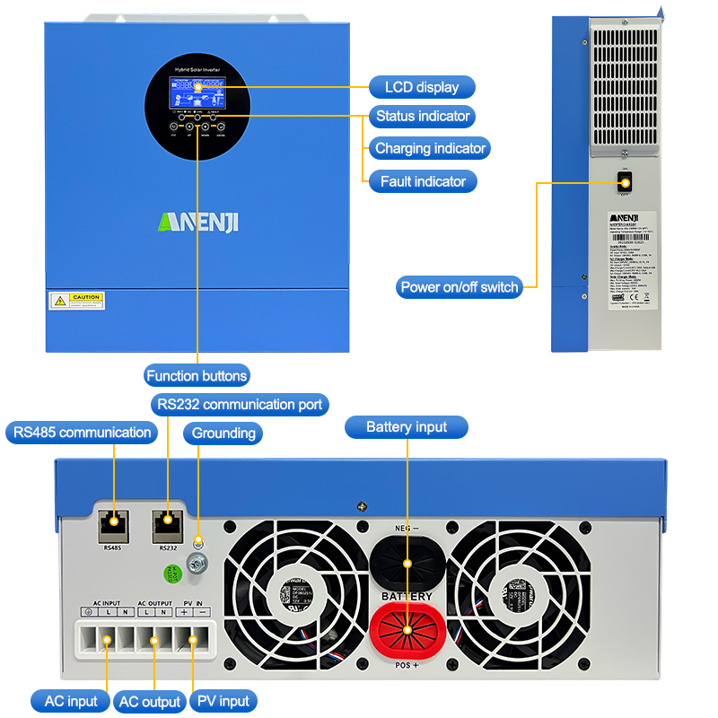 Anenji 2KW 12V hybrid Solar Inverter MPPT Pure sine wave Off grid inverter with WIFI