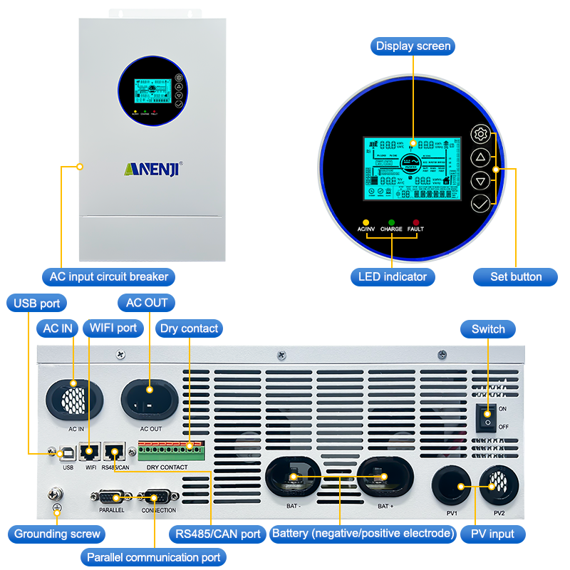 Anenji 7.2KW 48V Hybrid Solar Inverter Split Phase 120V/240V Dual MPPT Charger Parallel 6 units