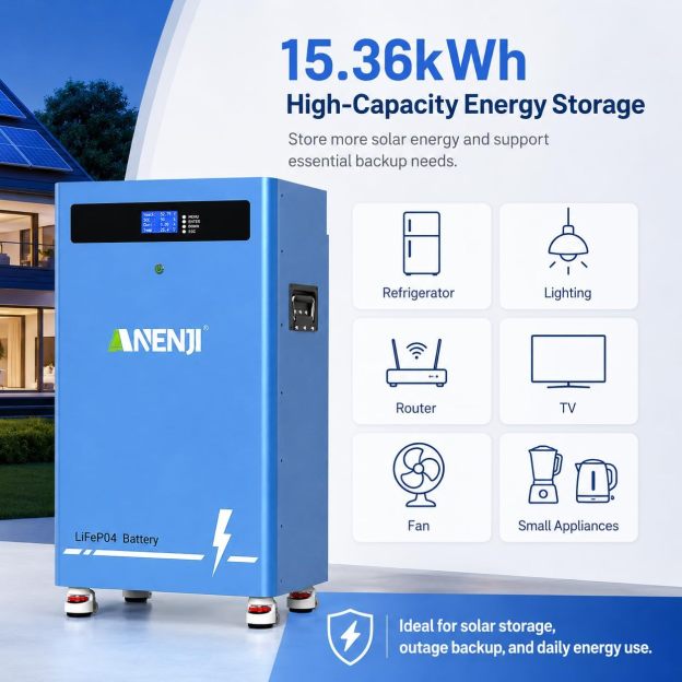 Anenji  51.2V 300AH LiFePO4 Battery 16 kWh Built-in BMS Built-in Bluetooth