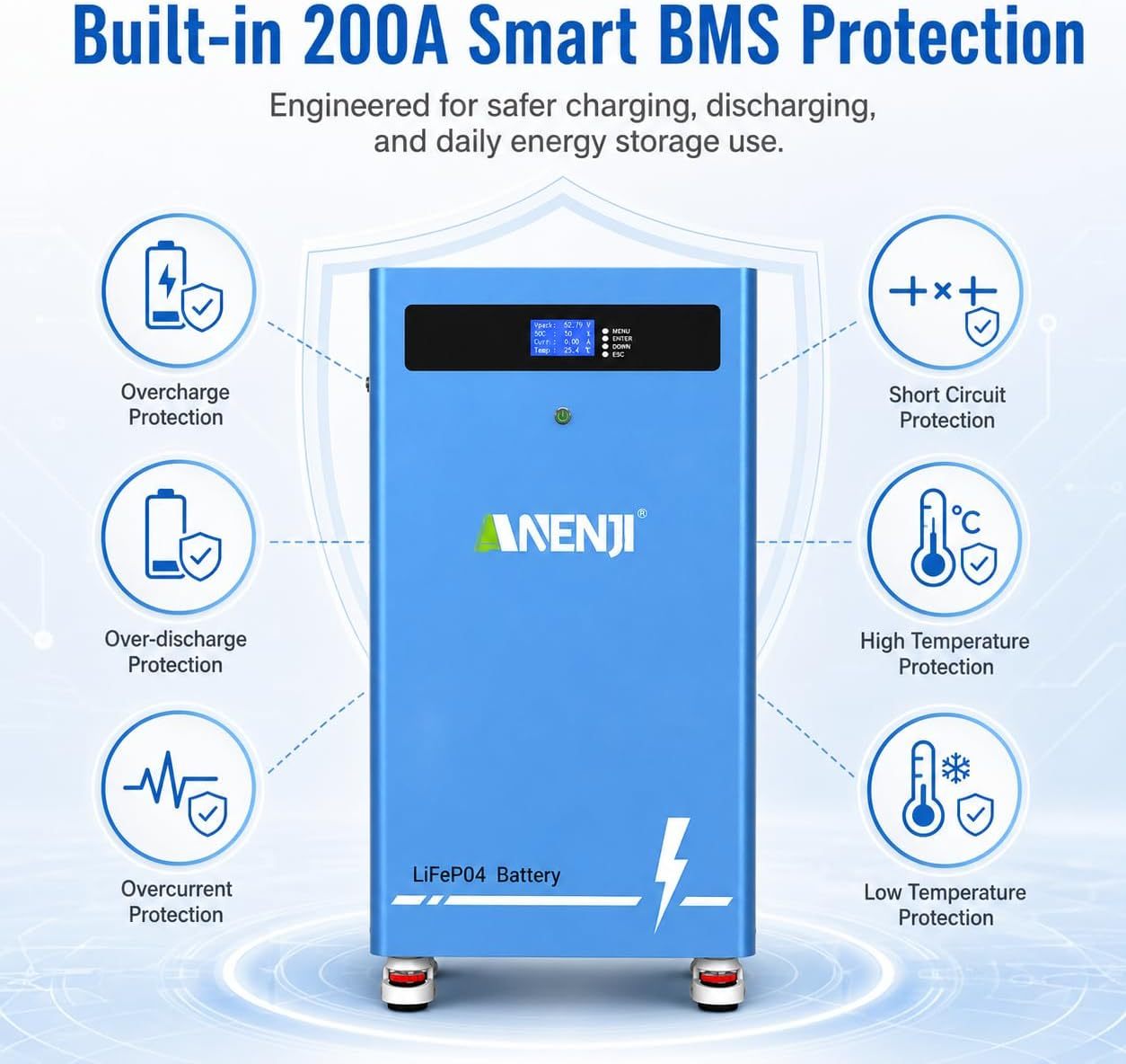 Anenji  51.2V 300AH LiFePO4 Battery 16 kWh Built-in BMS Built-in Bluetooth