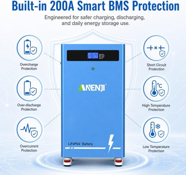 Anenji  51.2V 300AH LiFePO4 Battery 16 kWh Built-in BMS Built-in Bluetooth