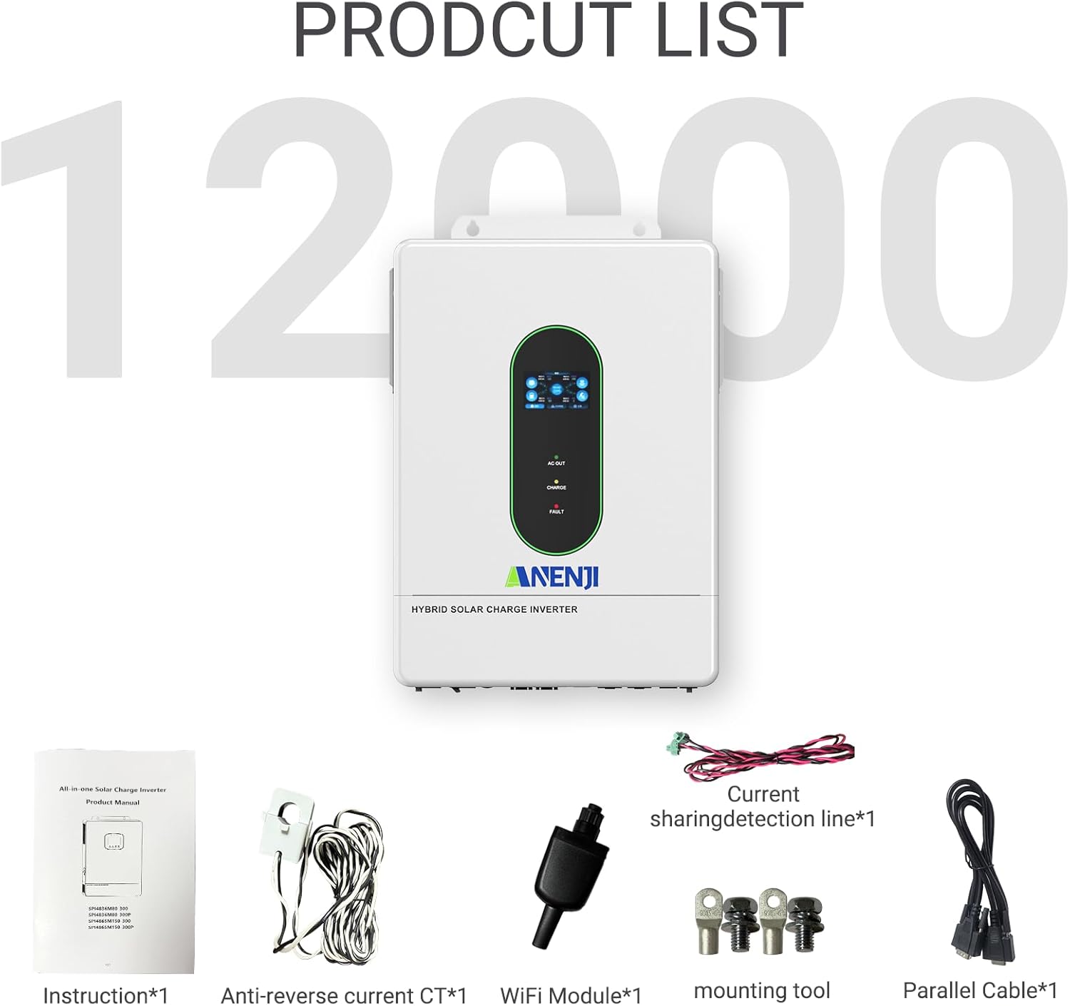 Anenji 12KW 48V Hybrid split-phase Solar Charge Inverter with WiFi