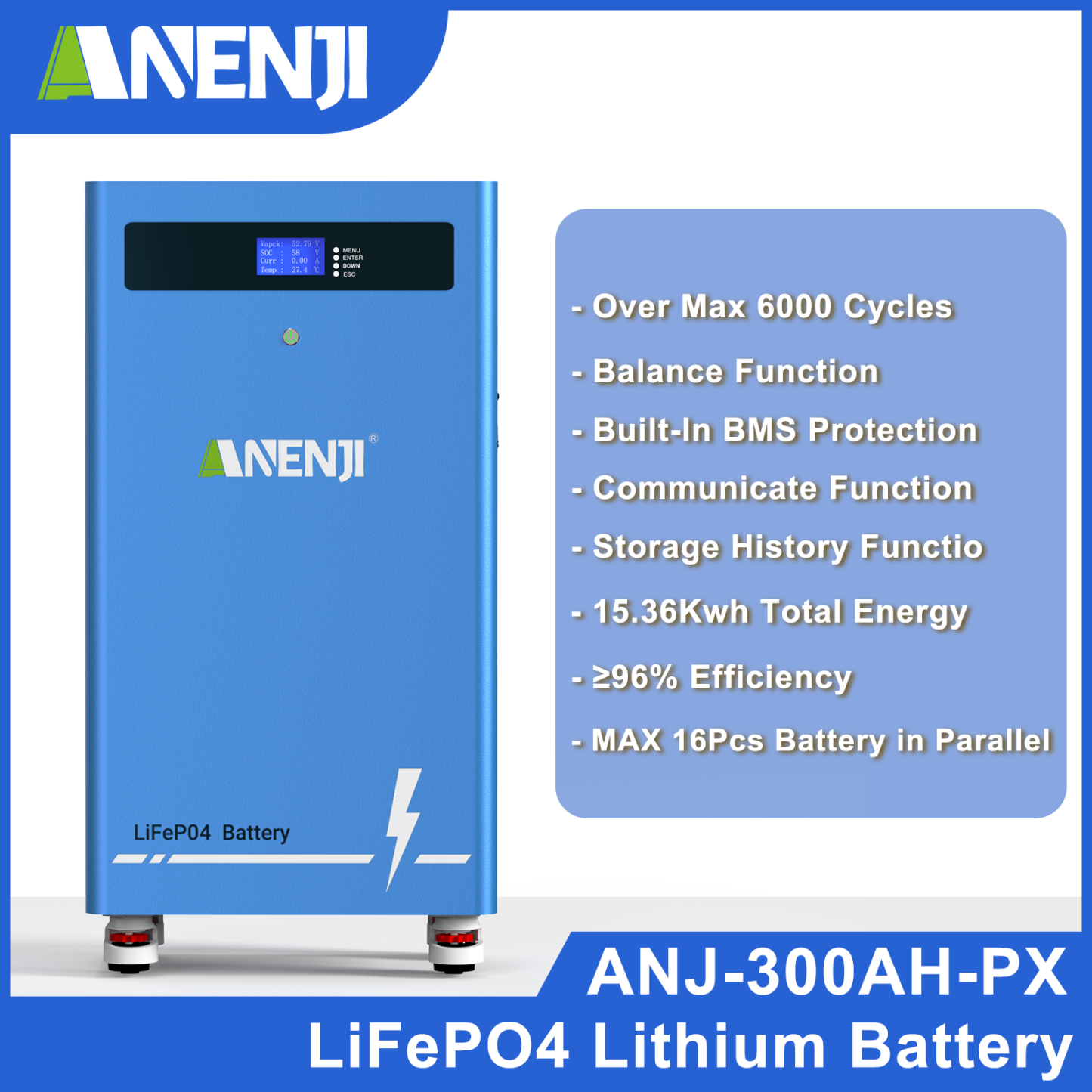 Anenji 51.2V 300AH LiFePO4 Battery 15.36kWh Built-in BMS