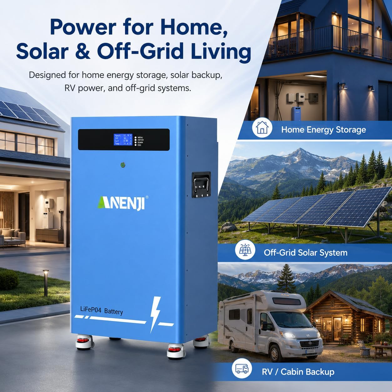 Anenji  51.2V 300AH LiFePO4 Battery 16 kWh Built-in BMS Built-in Bluetooth